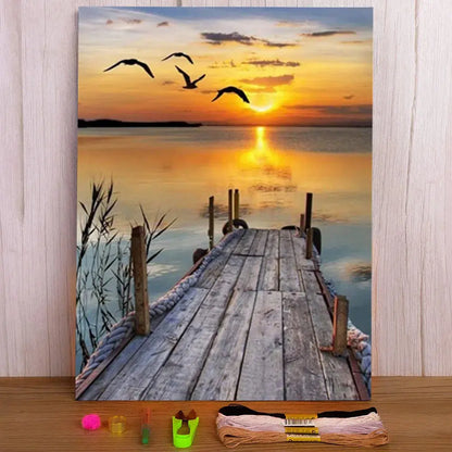 Landscape Sunset Pre-Printed 11CT Cross Stitch Kit DIY Embroidery DMC Threads Handicraft Handmade Sewing Painting    Mulina Coudre&créer