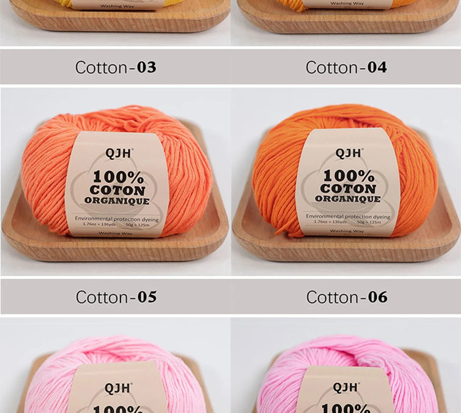 Fil 100% Coton Bio QJH – Lot de 2 Pelotes, 50g/136 Yards, Pour Tricot, Crochet et Artisanat